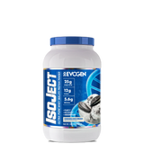 A container of Isoject Whey Protein Isolate by Evogen with the label showing the product name, brand, flavor as birthday cake, and additional health and fitness-related claims.