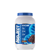 A container of Isoject Whey Protein Isolate by Evogen with the label showing the product name, brand, flavor as birthday cake, and additional health and fitness-related claims.