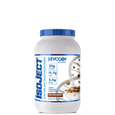 A container of Isoject Whey Protein Isolate by Evogen with the label showing the product name, brand, flavor as birthday cake, and additional health and fitness-related claims.