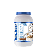 A container of Isoject Whey Protein Isolate by Evogen with the label showing the product name, brand, flavor as birthday cake, and additional health and fitness-related claims.