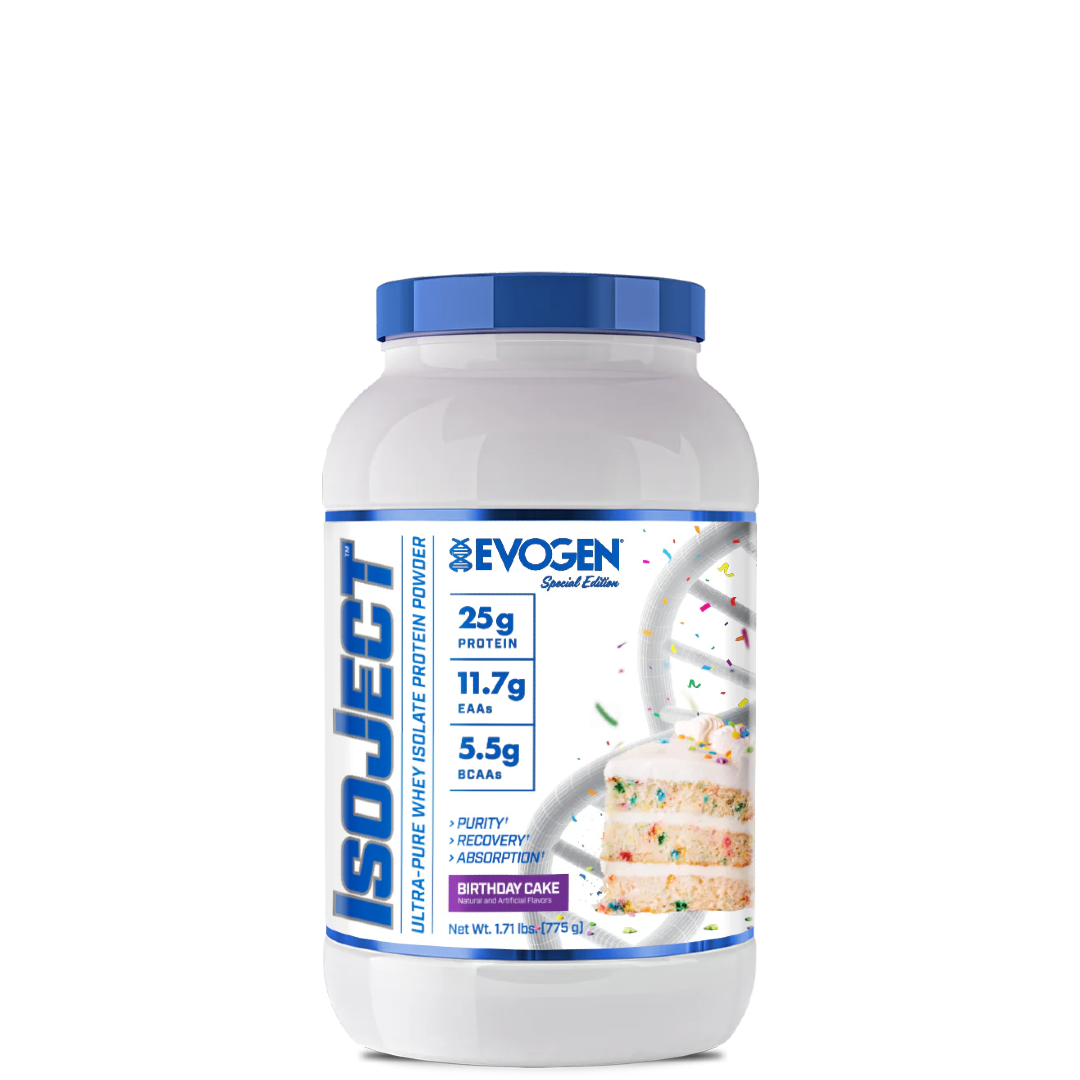 A container of Isoject Whey Protein Isolate by Evogen with the label showing the product name, brand, flavor as birthday cake, and additional health and fitness-related claims.