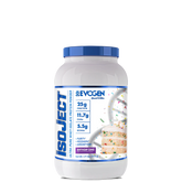 A container of Isoject Whey Protein Isolate by Evogen with the label showing the product name, brand, flavor as birthday cake, and additional health and fitness-related claims.