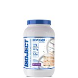 A container of Isoject Whey Protein Isolate by Evogen with the label showing the product name, brand, flavor as birthday cake, and additional health and fitness-related claims.