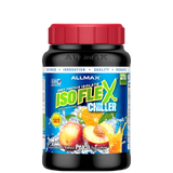 A container of Allmax ISOFLEX Chiller, a clear liquid protein drink, with peach flavor.