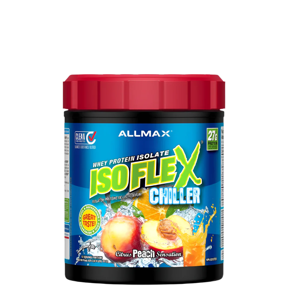 A container of Allmax ISOFLEX Chiller, a clear liquid protein drink, with peach flavor.