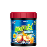 A container of Allmax ISOFLEX Chiller, a clear liquid protein drink, with peach flavor.