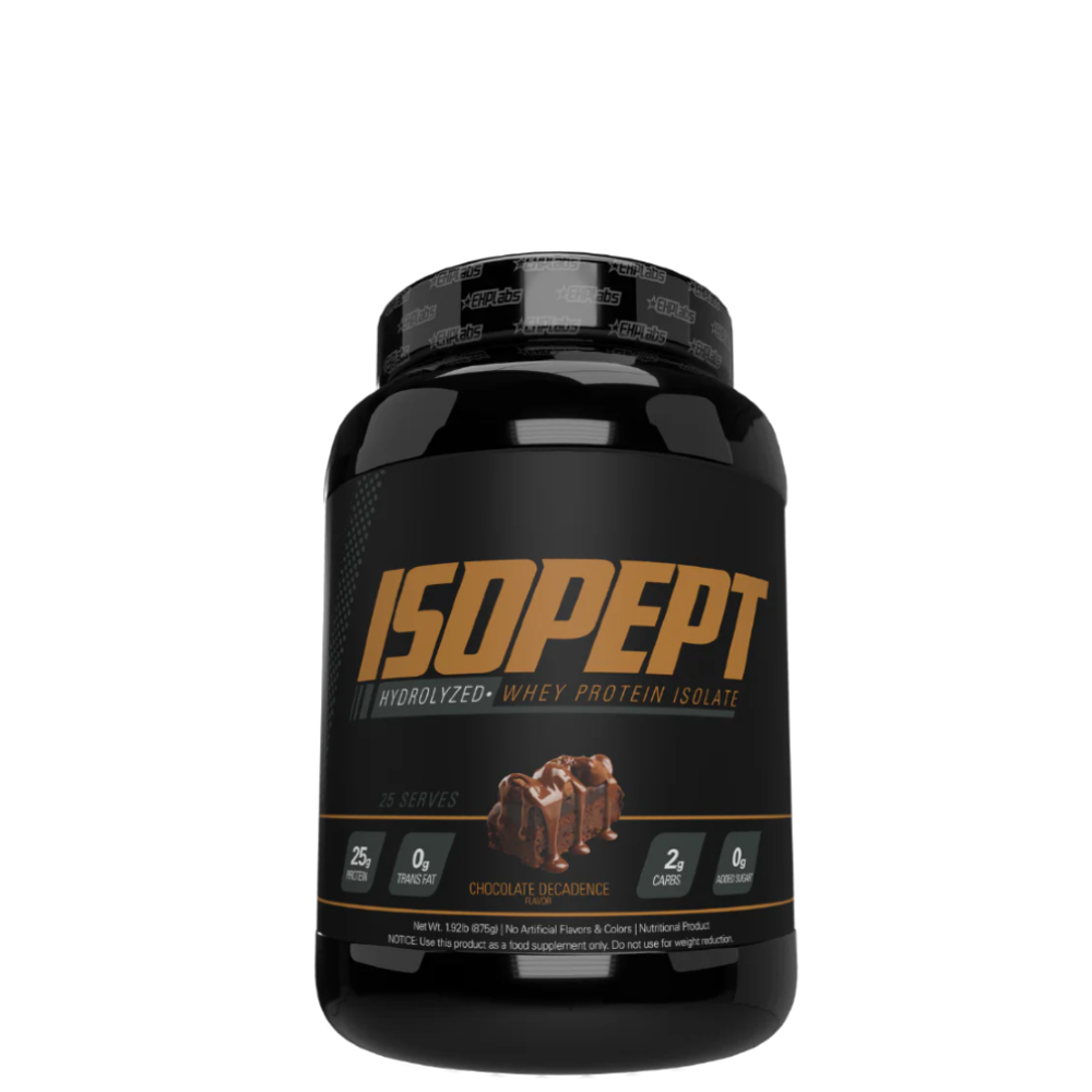 A container of ISOPEPT Hydrolyzed Whey Protein Isolate powder, with branding and product information displayed on the label.