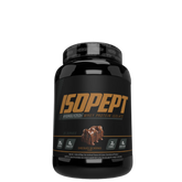 A container of ISOPEPT Hydrolyzed Whey Protein Isolate powder, with branding and product information displayed on the label.