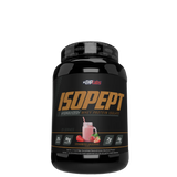 A container of ISOPEPT Hydrolyzed Whey Protein Isolate powder, with branding and product information displayed on the label.