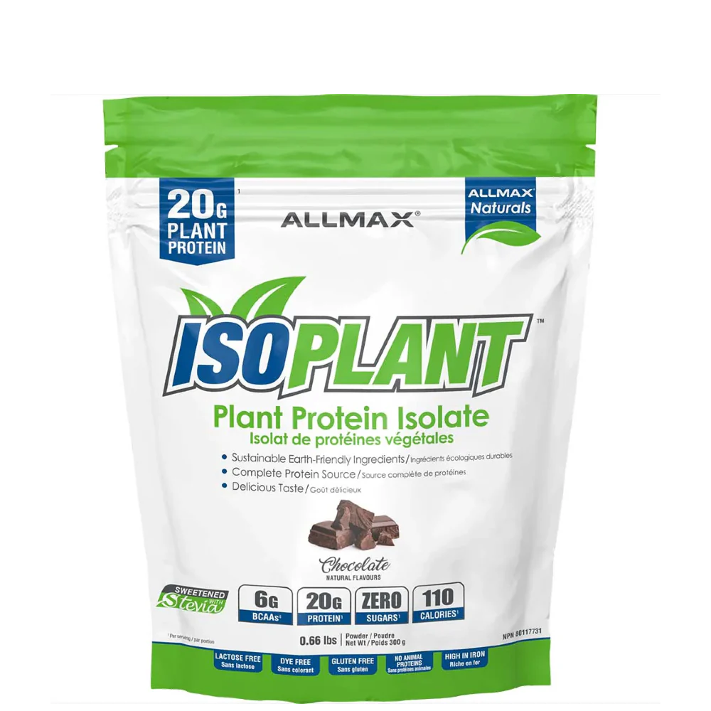 A package of ALLMAX ISOPLANT Plant Protein Isolate in chocolate flavor, highlighting 20 grams of plant protein, 6 grams of net carbs, and zero grams of fat per serving.