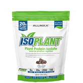 A package of ALLMAX ISOPLANT Plant Protein Isolate in chocolate flavor, highlighting 20 grams of plant protein, 6 grams of net carbs, and zero grams of fat per serving.