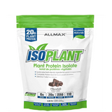 A package of ALLMAX ISOPLANT Plant Protein Isolate in chocolate flavor, highlighting 20 grams of plant protein, 6 grams of net carbs, and zero grams of fat per serving.