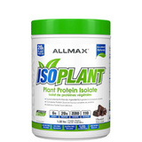 A package of ALLMAX ISOPLANT Plant Protein Isolate in chocolate flavor, highlighting 20 grams of plant protein, 6 grams of net carbs, and zero grams of fat per serving.