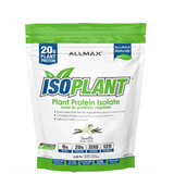A package of ALLMAX ISOPLANT Plant Protein Isolate in chocolate flavor, highlighting 20 grams of plant protein, 6 grams of net carbs, and zero grams of fat per serving.
