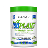 A package of ALLMAX ISOPLANT Plant Protein Isolate in chocolate flavor, highlighting 20 grams of plant protein, 6 grams of net carbs, and zero grams of fat per serving.