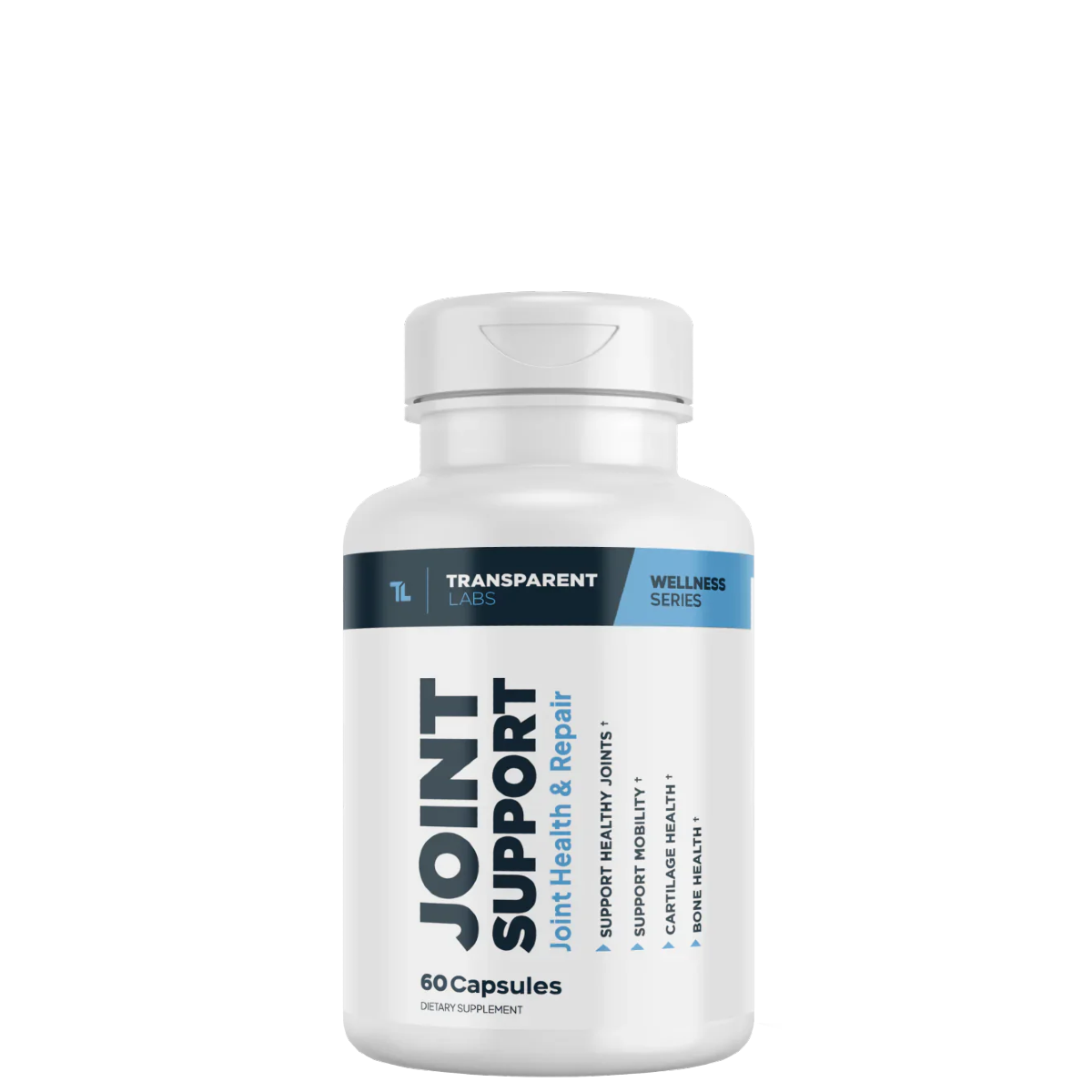 A bottle of Transparent Labs Joint Support supplements with 60 capsules, labeled for joint health and repair.