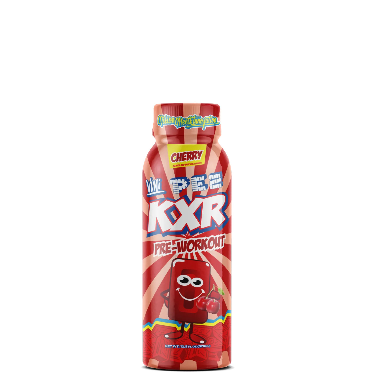 A bottle of KXR x PEZ Pre-Workout RTD with a cherry flavor, featuring a cartoon character design on the label.