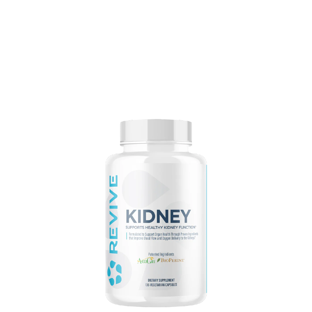 A bottle of Revive brand Kidney supplement, which is designed to support kidney health and function.