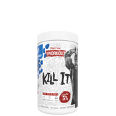 Container of Kill It Pre-Workout supplement with a graphic of a weight lifter and text detailing the product name and features.