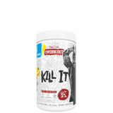 Container of Kill It Pre-Workout supplement with a graphic of a weight lifter and text detailing the product name and features.
