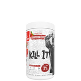 Container of Kill It Pre-Workout supplement with a graphic of a weight lifter and text detailing the product name and features.