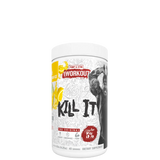 Container of Kill It Pre-Workout supplement with a graphic of a weight lifter and text detailing the product name and features.