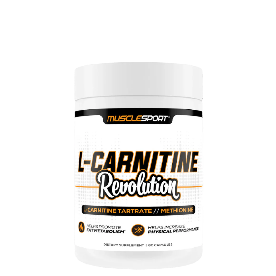 A container of MuscleSport L-Carnitine Revolution supplement powder.