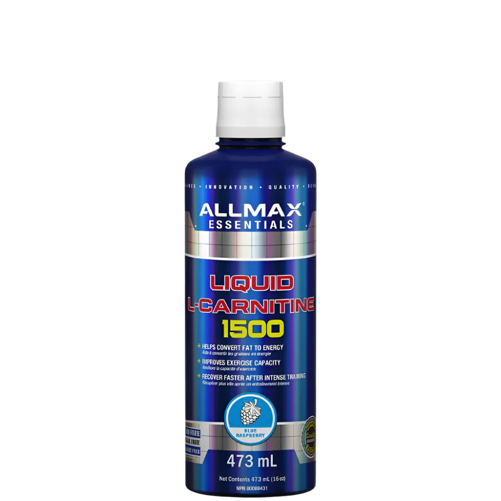 A bottle of ALLMAX Liquid L-Carnitine 1500 in blue and white packaging.