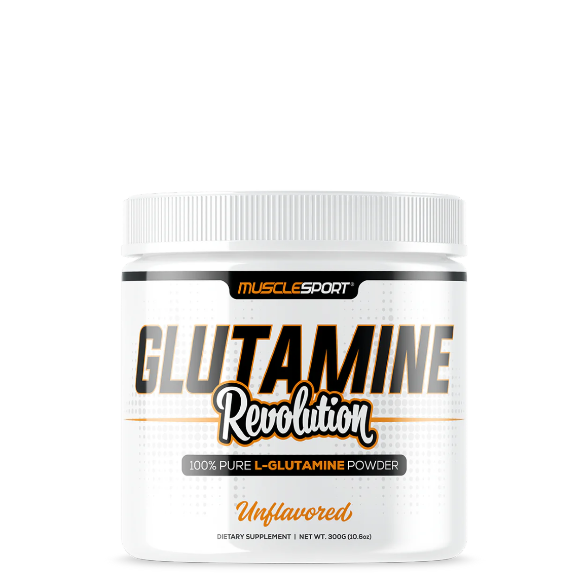 A container of MuscleSport L-Glutamine, an unflavored amino acid powder.