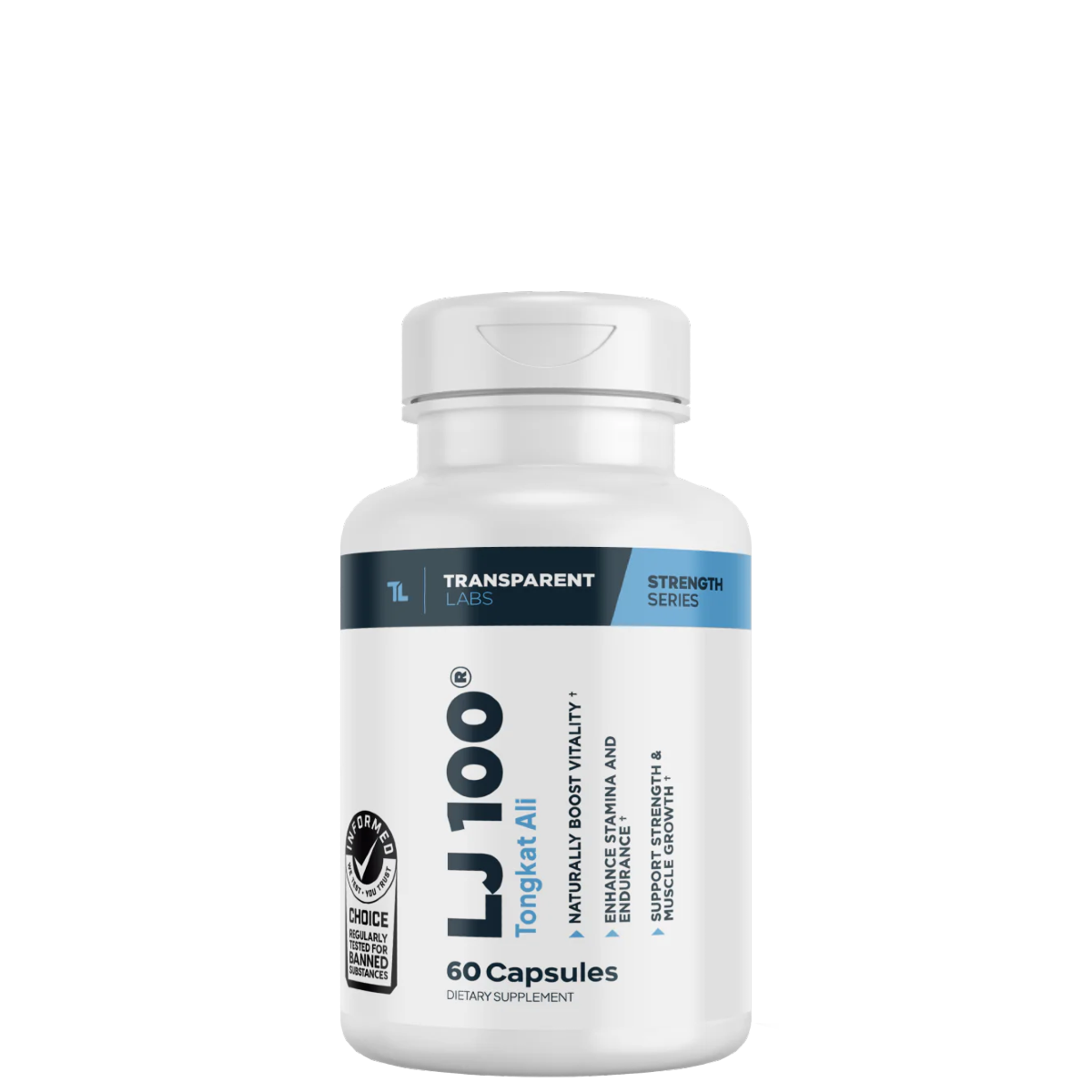 A bottle of Transparent Labs LJ100 Tongkat Ali supplement with 60 capsules, primarily white and blue in color.