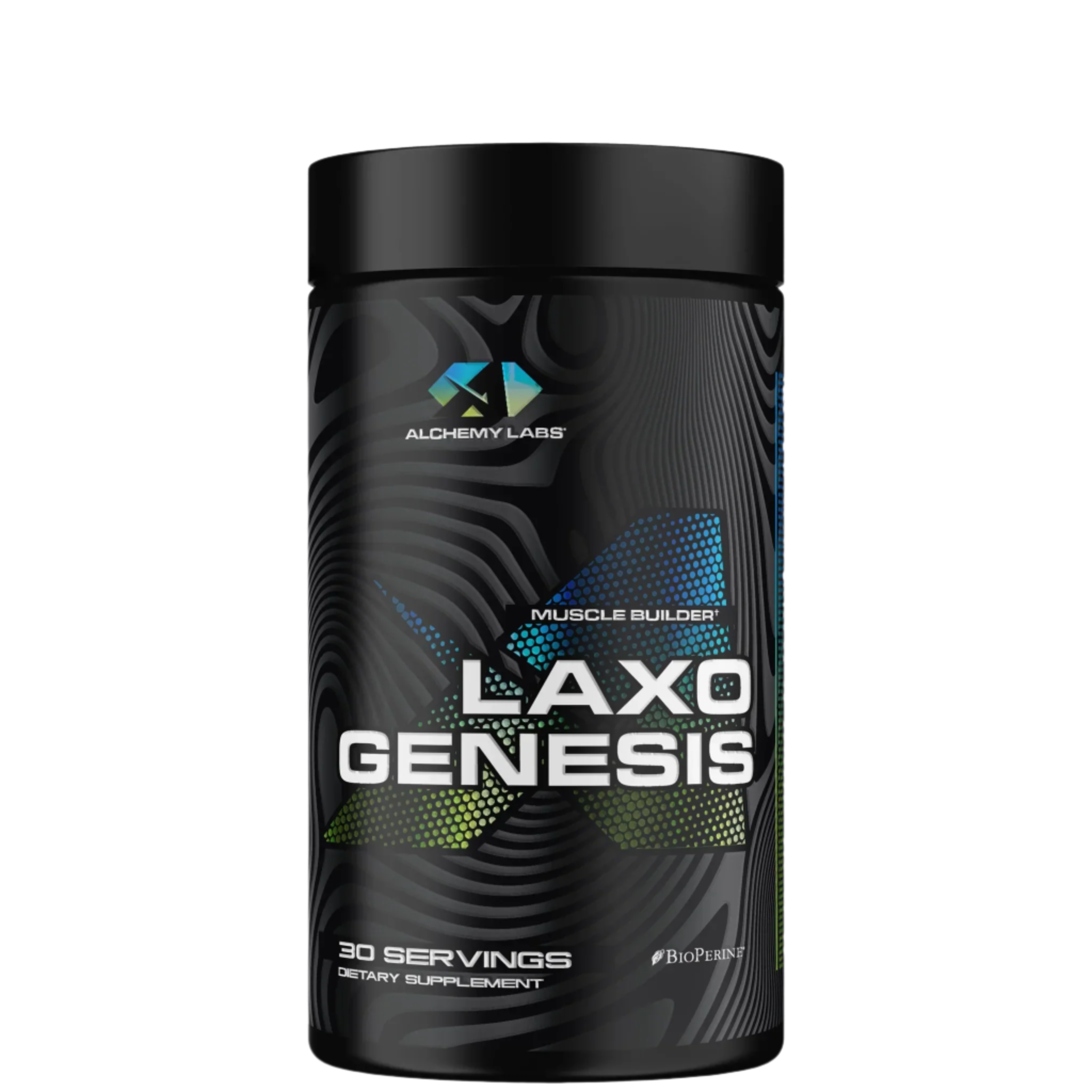 A container of Alchemy Labs' LAXOGENESIS supplement with a black and green label, indicating it is a muscle builder supplement with 30 servings.