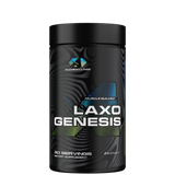 A container of Alchemy Labs' LAXOGENESIS supplement with a black and green label, indicating it is a muscle builder supplement with 30 servings.