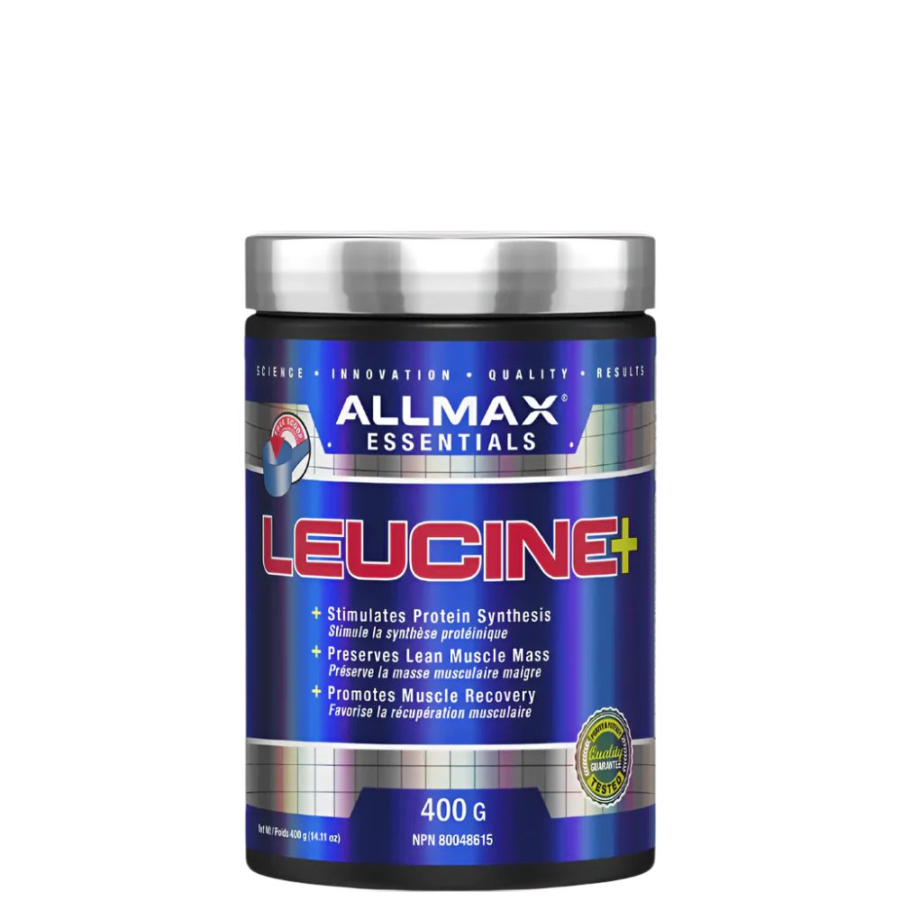 A container of ALLMAX LEUCINE+ crystalline powder, 400g size, with blue and silver label emphasizing the product's benefits for muscle building.
