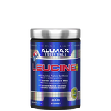 A container of ALLMAX LEUCINE+ crystalline powder, 400g size, with blue and silver label emphasizing the product's benefits for muscle building.