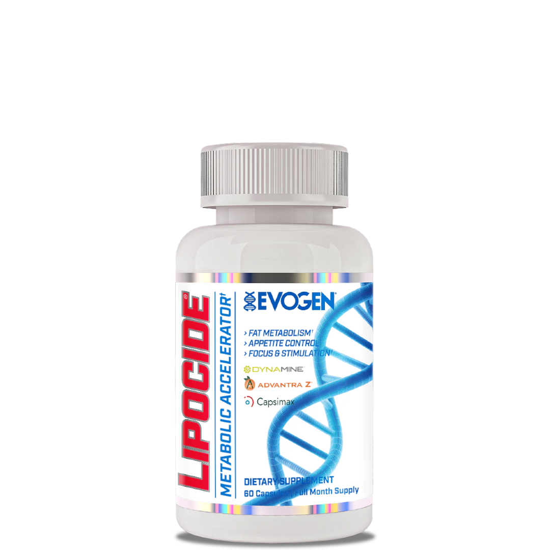 A bottle of Lipocide dietary supplement with 60 capsules, branded by Evogen.