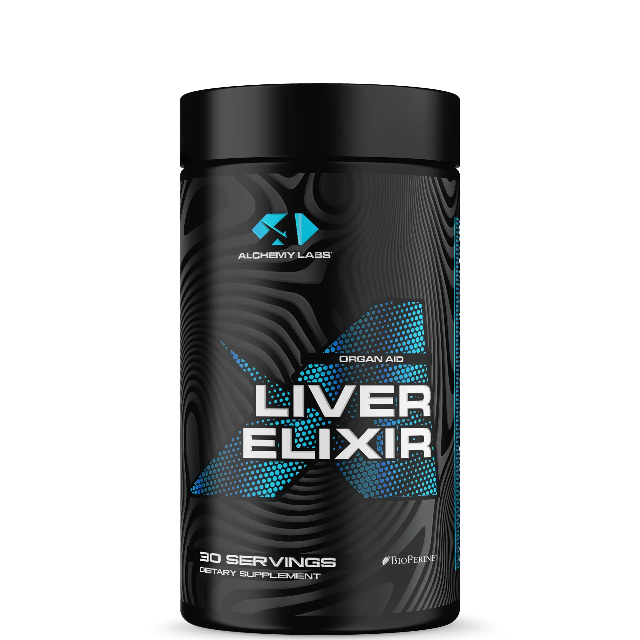 A container of Liver Elixir dietary supplement with a black and blue color scheme and text indicating 30 servings.