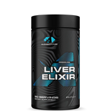 A container of Liver Elixir dietary supplement with a black and blue color scheme and text indicating 30 servings.