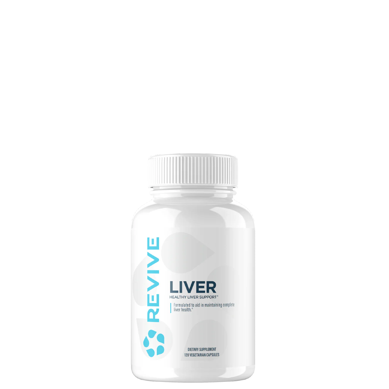 A white bottle with a blue label that reads 'REVIVE LIVER', designed as a liver support supplement.