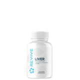 A white bottle with a blue label that reads 'REVIVE LIVER', designed as a liver support supplement.