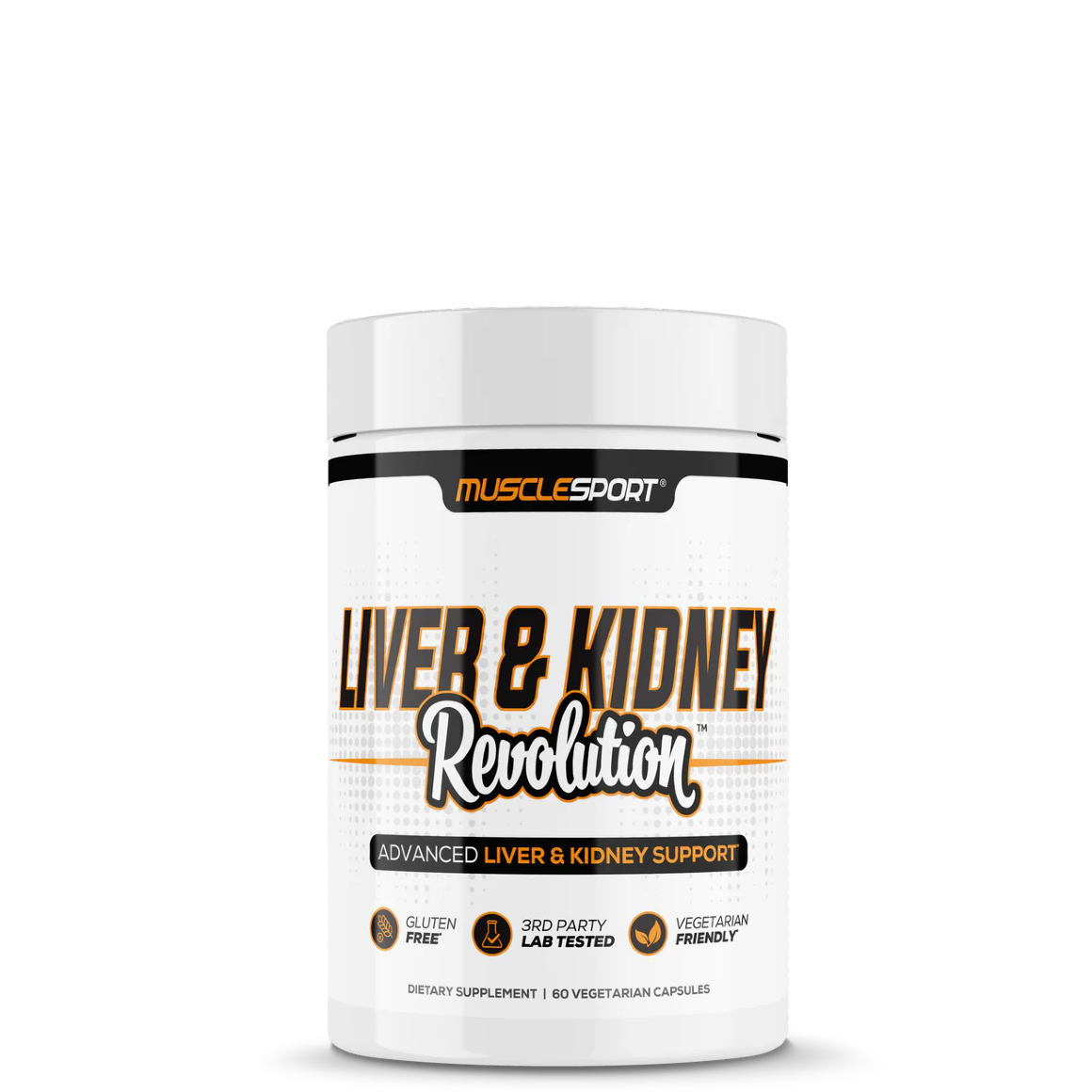A container of MuscleSport Liver & Kidney Revolution supplement with white and orange color scheme.