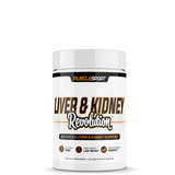 A container of MuscleSport Liver & Kidney Revolution supplement with white and orange color scheme.
