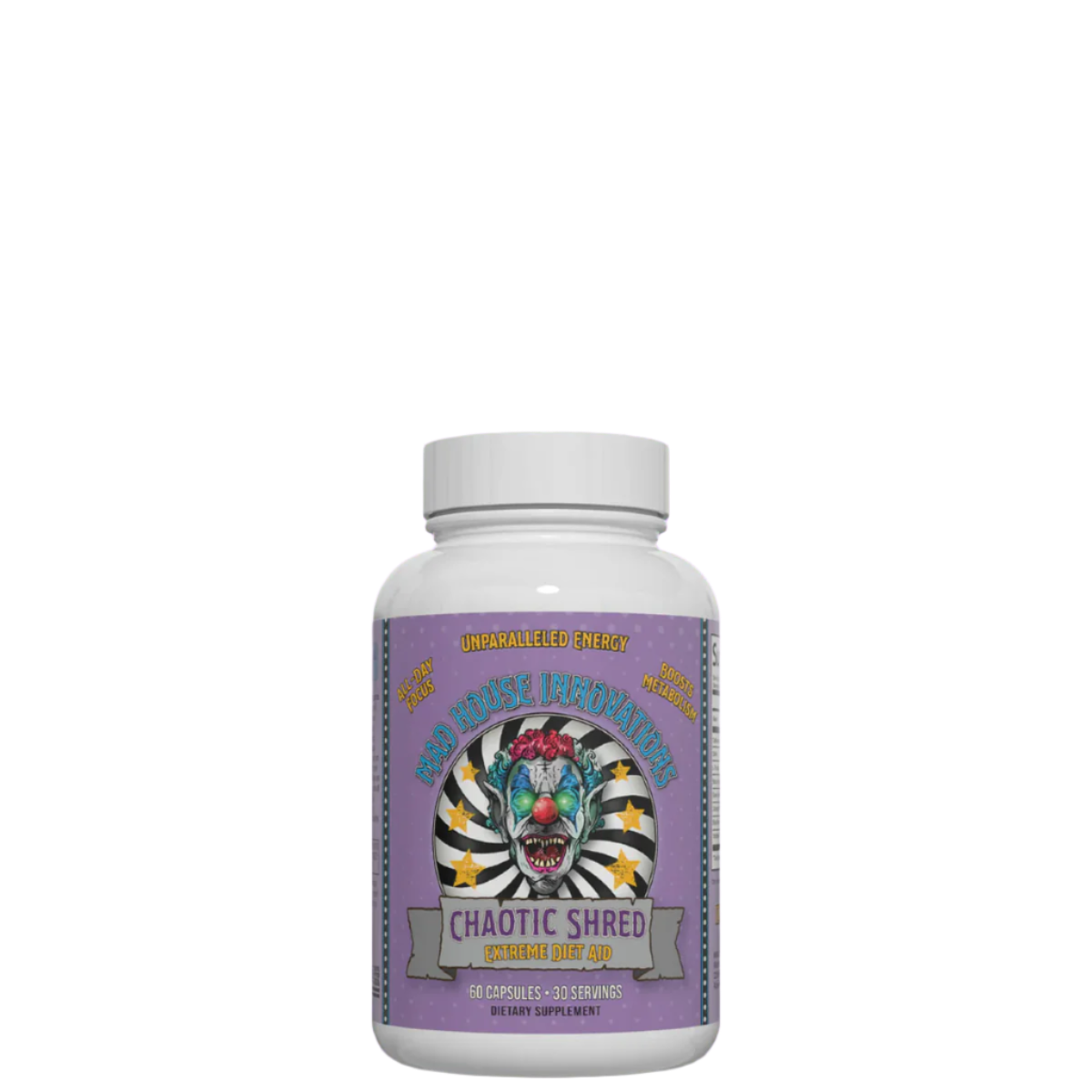 A bottle of 'CHAOTIC SHRED Extreme Fat Burner', with a colorful label featuring a character illustration.