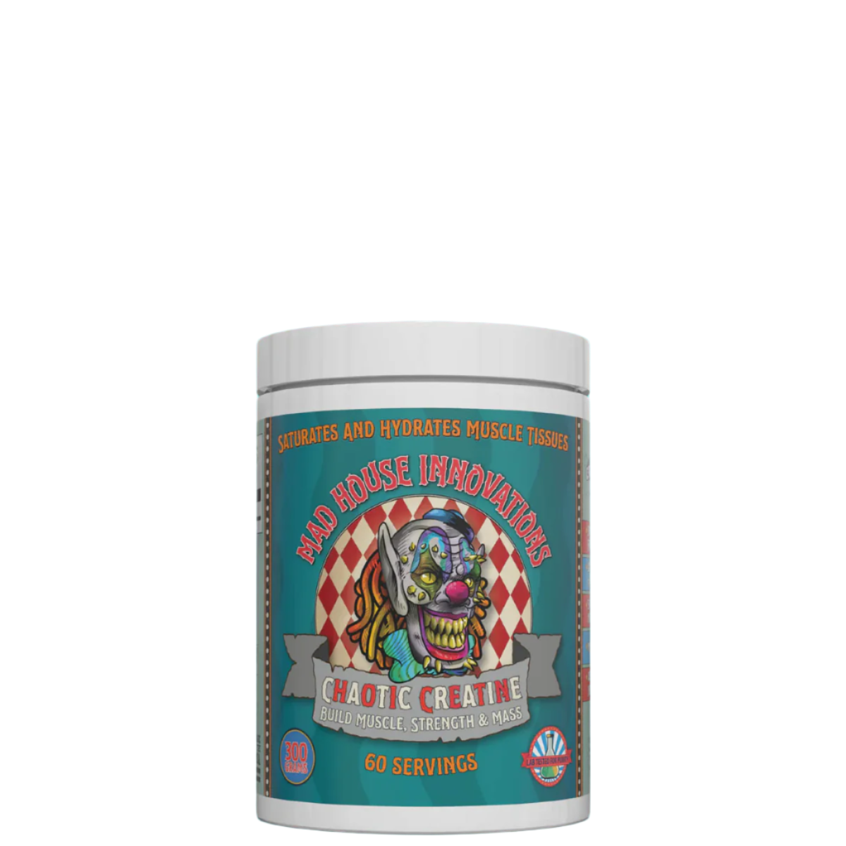 A container of Chaotic Creatine with a colorful label featuring a character and text, indicating it is a supplement designed for muscle building and energy.