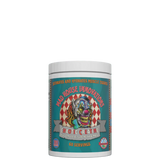 A container of Chaotic Creatine with a colorful label featuring a character and text, indicating it is a supplement designed for muscle building and energy.