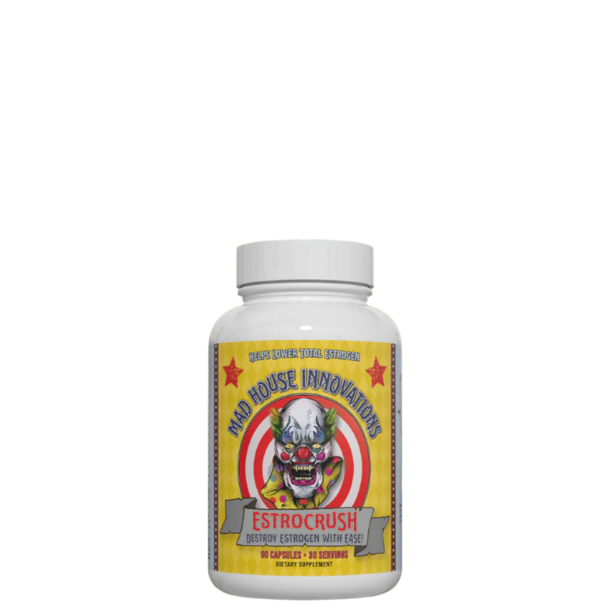 A container of EstroCrush supplement with a colorful label featuring a character and text related to the product's benefits and usage.