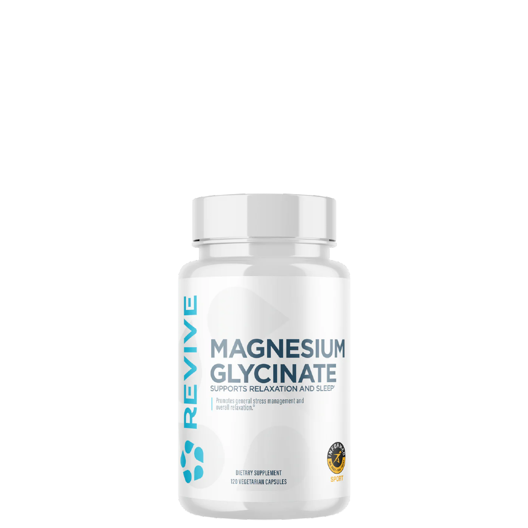 A bottle of Revive Supplements Magnesium Glycinate capsules.