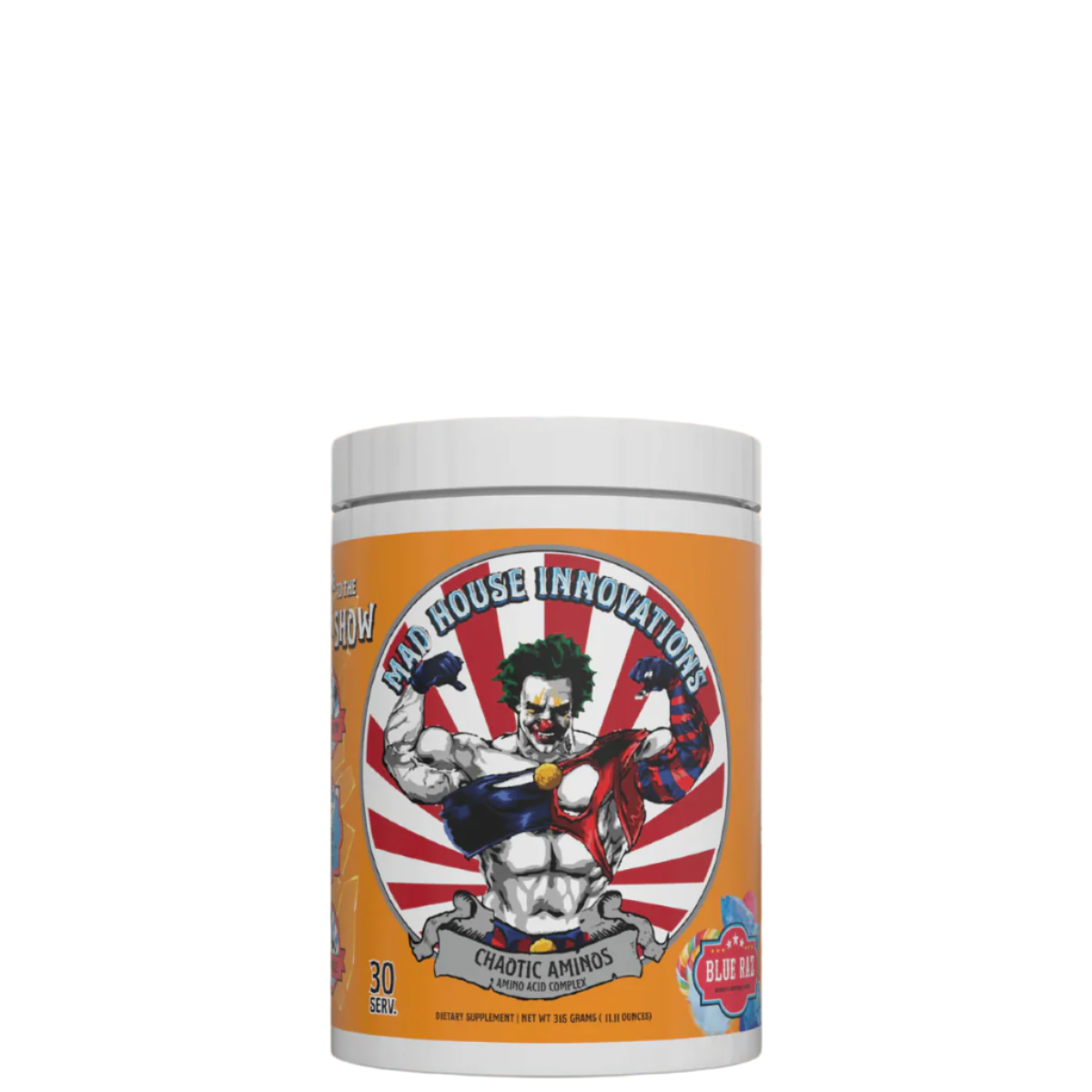 A container of Chaotic Aminos supplement with a cartoon character illustration on the label.