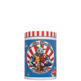 A container of Chaotic Pump supplement with a colorful design featuring a cartoon character and stripes.