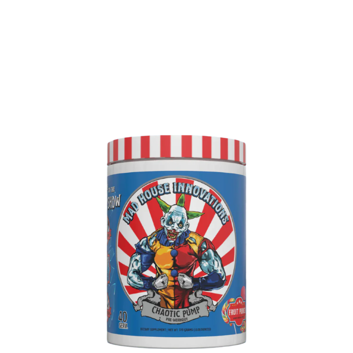 A container of Chaotic Pump supplement with a colorful design featuring a cartoon character and stripes.