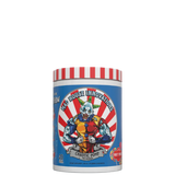A container of Chaotic Pump supplement with a colorful design featuring a cartoon character and stripes.